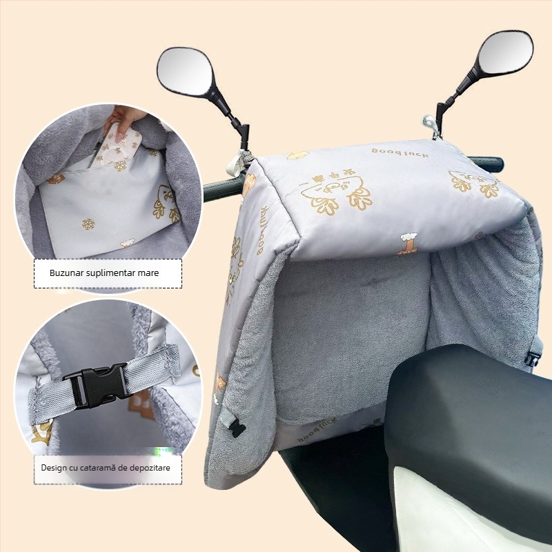 Protecție împotriva vântului pentru vehicule electrice (pânză Oxford, impermeabilă, reutilizabilă) — Brand Warm shell line; destinat tricicletelor, motocicletelor și vehiculelor electrice