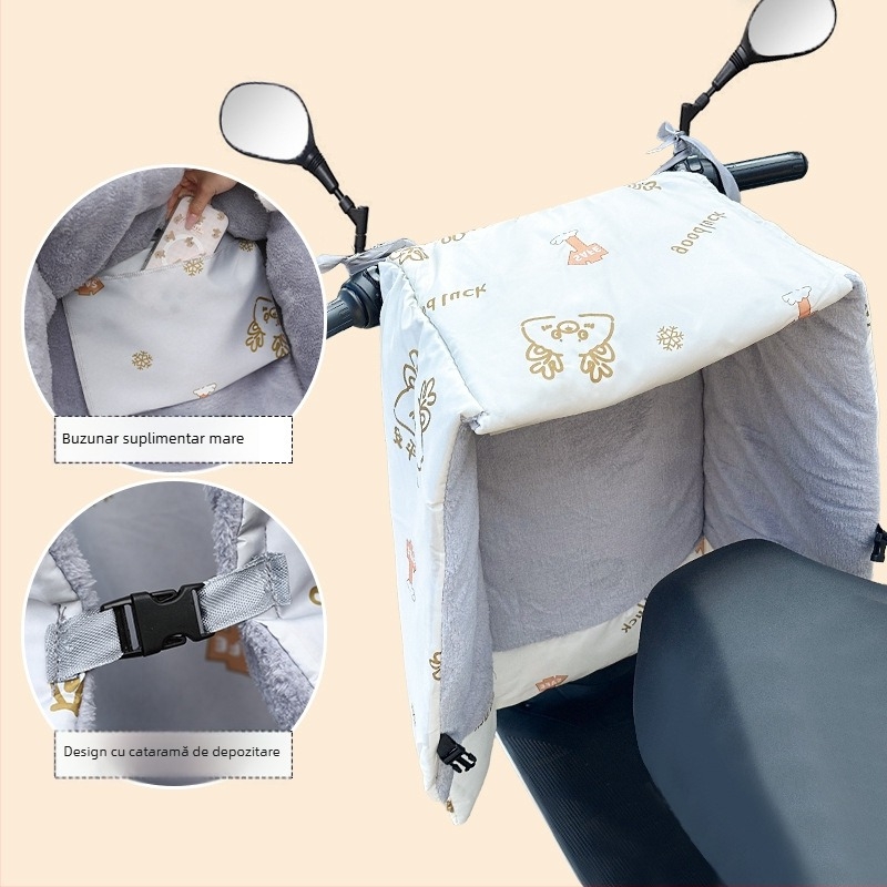 Protecție împotriva vântului pentru vehicule electrice (pânză Oxford, impermeabilă, reutilizabilă) — Brand Warm shell line; destinat tricicletelor, motocicletelor și vehiculelor electrice