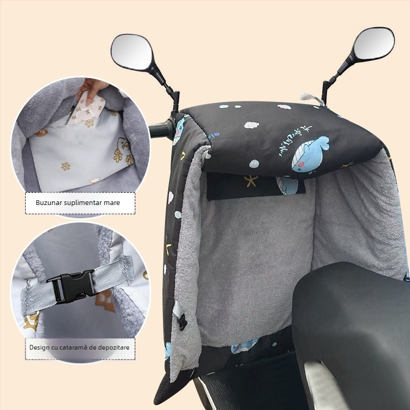 Protecție împotriva vântului pentru vehicule electrice (pânză Oxford, impermeabilă, reutilizabilă) — Brand Warm shell line; destinat tricicletelor, motocicletelor și vehiculelor electrice