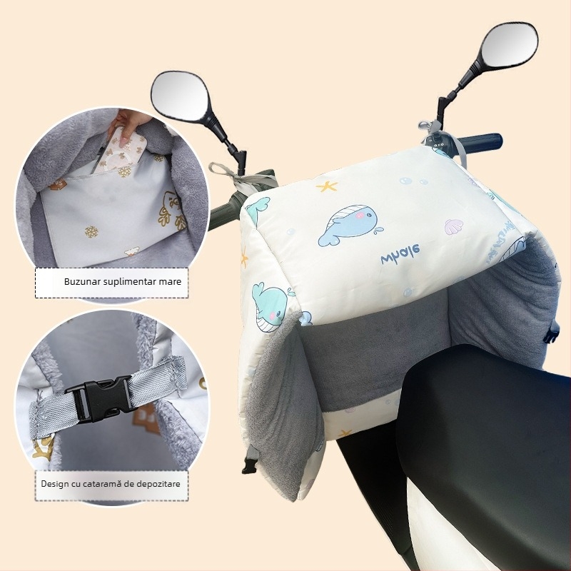 Protecție împotriva vântului pentru vehicule electrice (pânză Oxford, impermeabilă, reutilizabilă) — Brand Warm shell line; destinat tricicletelor, motocicletelor și vehiculelor electrice