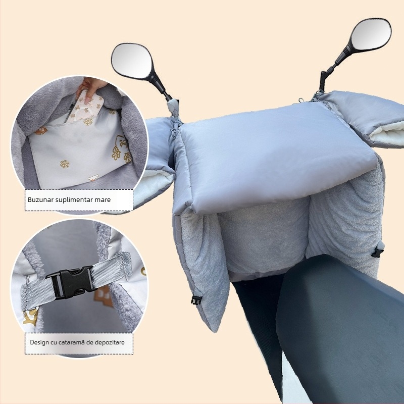 Protecție împotriva vântului pentru vehicule electrice (pânză Oxford, impermeabilă, reutilizabilă) — Brand Warm shell line; destinat tricicletelor, motocicletelor și vehiculelor electrice