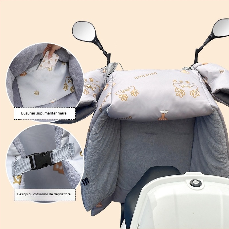 Protecție împotriva vântului pentru vehicule electrice (pânză Oxford, impermeabilă, reutilizabilă) — Brand Warm shell line; destinat tricicletelor, motocicletelor și vehiculelor electrice