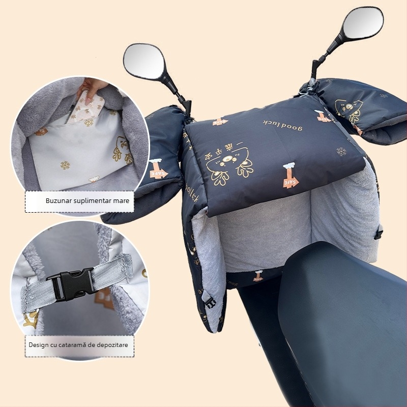 Protecție împotriva vântului pentru vehicule electrice (pânză Oxford, impermeabilă, reutilizabilă) — Brand Warm shell line; destinat tricicletelor, motocicletelor și vehiculelor electrice