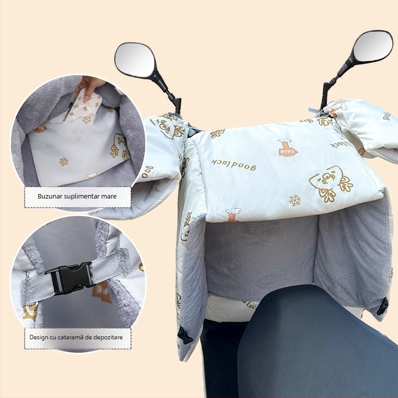 Protecție împotriva vântului pentru vehicule electrice (pânză Oxford, impermeabilă, reutilizabilă) — Brand Warm shell line; destinat tricicletelor, motocicletelor și vehiculelor electrice