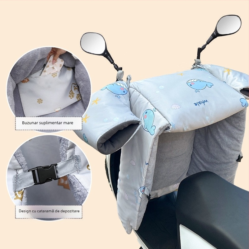 Protecție împotriva vântului pentru vehicule electrice (pânză Oxford, impermeabilă, reutilizabilă) — Brand Warm shell line; destinat tricicletelor, motocicletelor și vehiculelor electrice