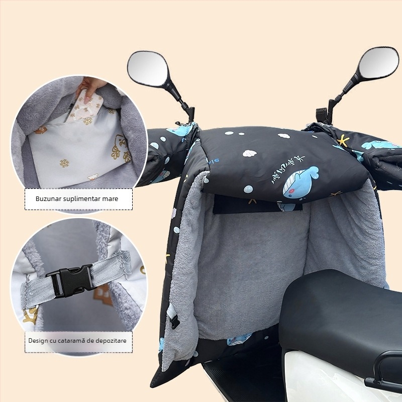 Protecție împotriva vântului pentru vehicule electrice (pânză Oxford, impermeabilă, reutilizabilă) — Brand Warm shell line; destinat tricicletelor, motocicletelor și vehiculelor electrice