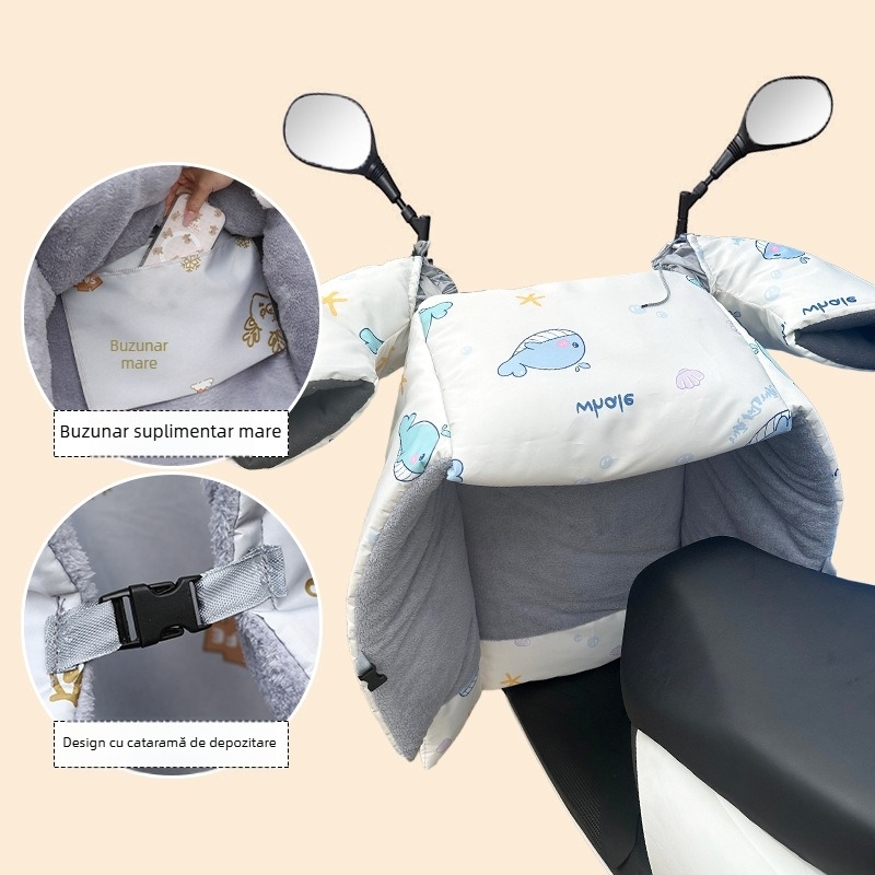 Protecție împotriva vântului pentru vehicule electrice (pânză Oxford, impermeabilă, reutilizabilă) — Brand Warm shell line; destinat tricicletelor, motocicletelor și vehiculelor electrice