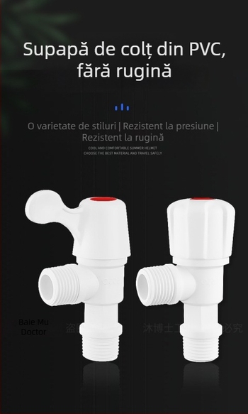 Robinet în unghi din plastic, deschidere rapidă, pentru apă potabilă, model WP01201, montaj filet, material: plastic, presiune de lucru: apă potabilă