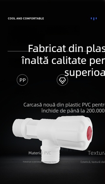 Robinet în unghi din plastic, deschidere rapidă, pentru apă potabilă, model WP01201, montaj filet, material: plastic, presiune de lucru: apă potabilă