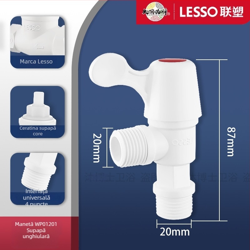 Robinet în unghi din plastic, deschidere rapidă, pentru apă potabilă, model WP01201, montaj filet, material: plastic, presiune de lucru: apă potabilă