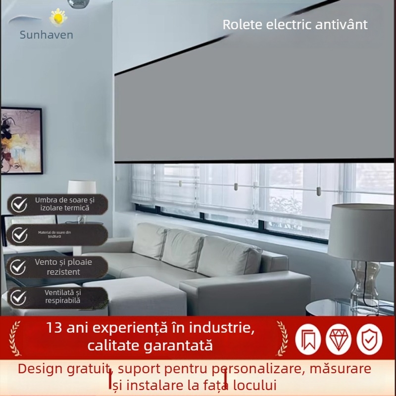 Rulou electric anti-vânt pentru ferestre – Rulou interior, țesătură importată, Brand Senhaiwen, Model Senhai1218, Stil minimalist modern