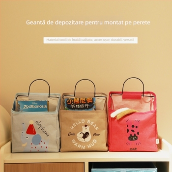 Sac de depozitare textil montat pe perete cu raft lângă pat, model S069860, organizator multifuncțional pentru CD-uri, reviste, rechizite și cosmetică