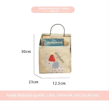 Sac de depozitare textil montat pe perete cu raft lângă pat, model S069860, organizator multifuncțional pentru CD-uri, reviste, rechizite și cosmetică