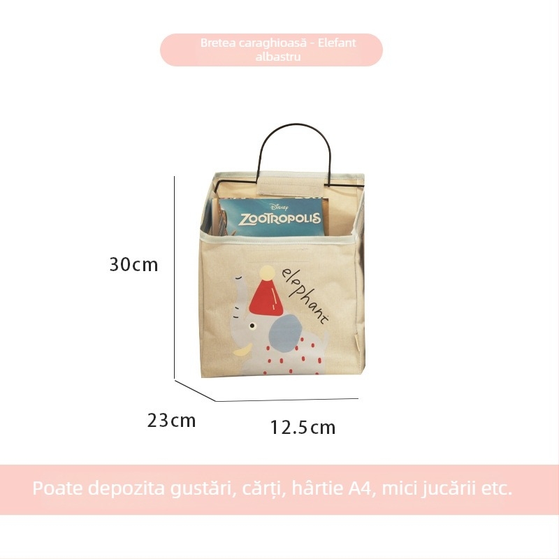 Sac de depozitare textil montat pe perete cu raft lângă pat, model S069860, organizator multifuncțional pentru CD-uri, reviste, rechizite și cosmetică