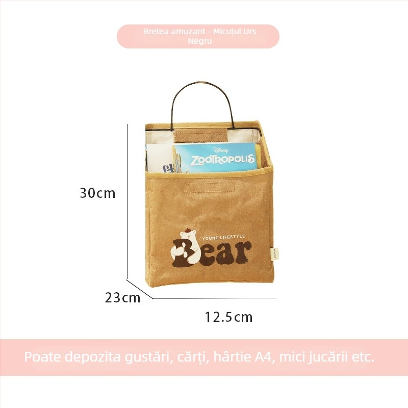 Sac de depozitare textil montat pe perete cu raft lângă pat, model S069860, organizator multifuncțional pentru CD-uri, reviste, rechizite și cosmetică