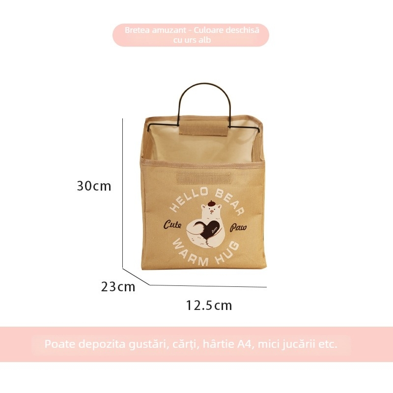 Sac de depozitare textil montat pe perete cu raft lângă pat, model S069860, organizator multifuncțional pentru CD-uri, reviste, rechizite și cosmetică