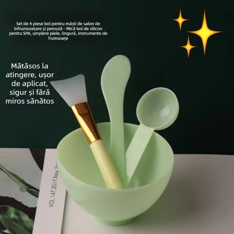 VENINOW set instrumente îngrijire ten Spa, 4 piese: vas mască, pensulă, vas mic din silicon, lingură pudră