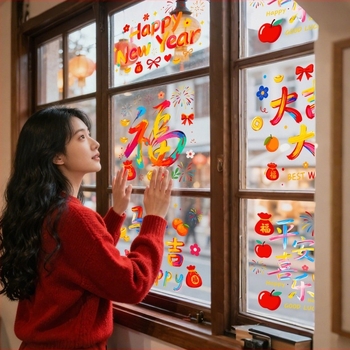 Autocolant static pentru geam – PVC film, motiv Anul Calului cu simbolul norocului și design cu floare de fereastră pentru decor creativ de atmosferă