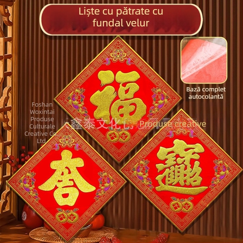 Adezivi de binecuvântare din catifea pentru atragerea bogăției, pentru uși și ferestre, stil chinezesc, lucrate manual, potrivite pentru Festivalul de Primăvară