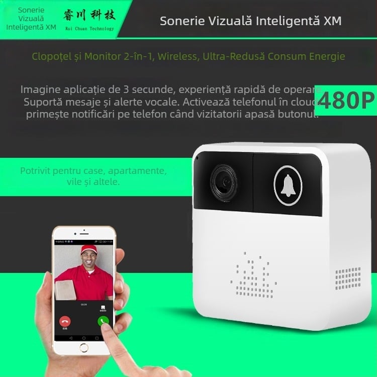 Sonerie video inteligentă pentru ușă, cu Wi‑Fi, monitorizare anti-furt și notificări pe telefon