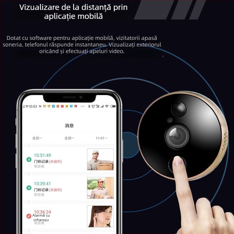 Video interfon WiFi cu aplicație mobilă, interfon la distanță și vizor inteligent (baterie litiu)