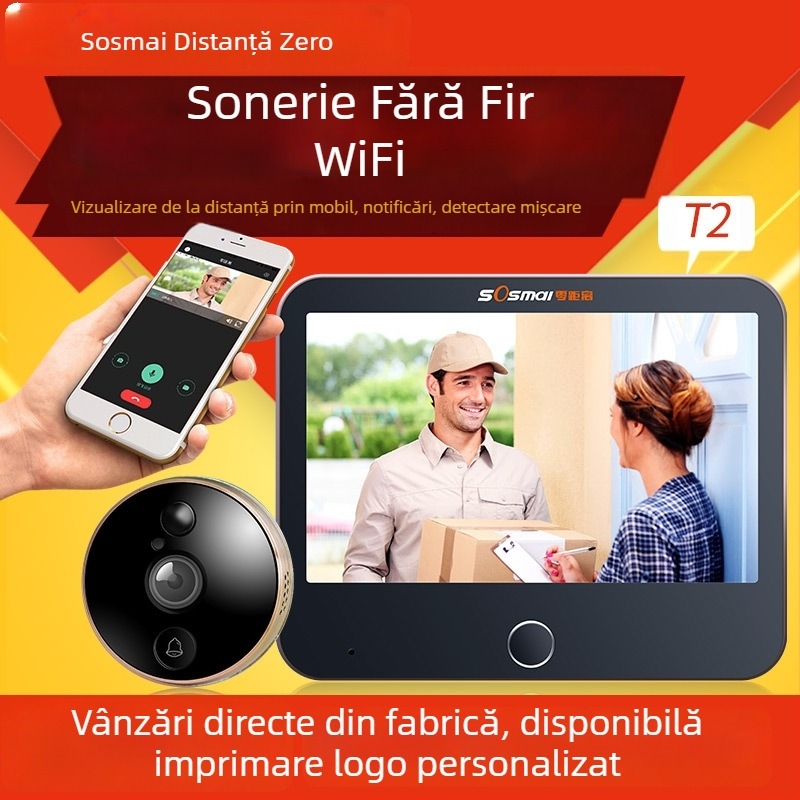Video interfon WiFi cu aplicație mobilă, interfon la distanță și vizor inteligent (baterie litiu)