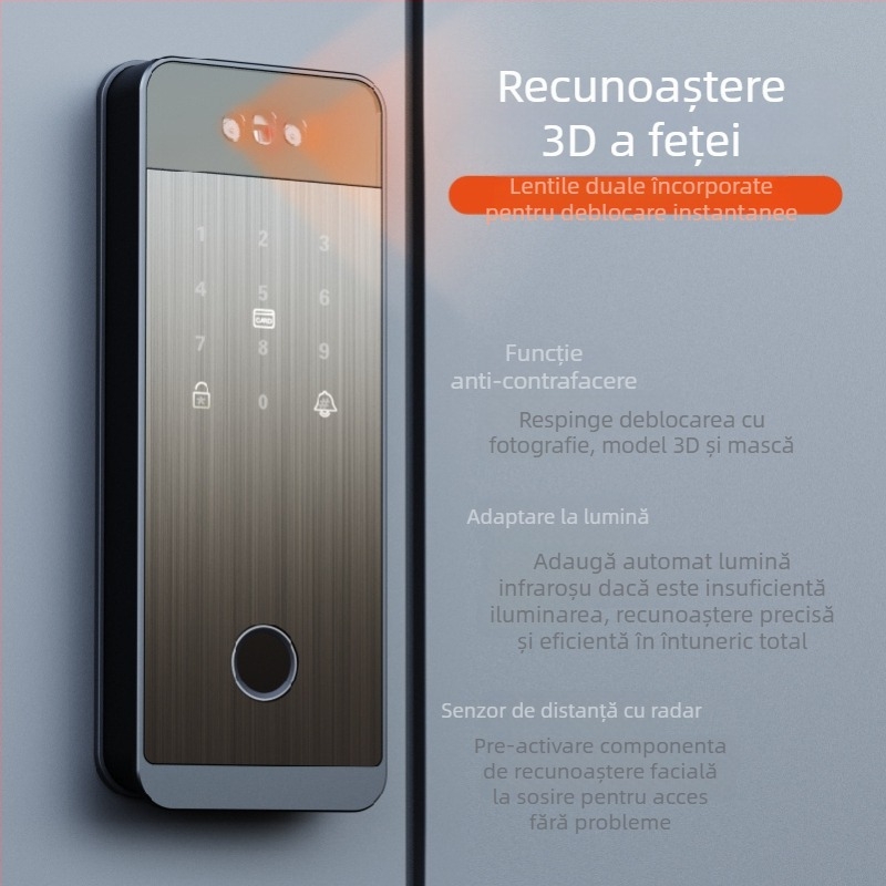 Sistem de blocare inteligent pentru poartă din fier cu recunoaștere facială, amprentă a palmei, amprentă digitală, parolă și deblocare la distanță, cu vizor cat-eye; Scanare amprentă 0,1 s, 100 de amprente stocate, peste 100000 de deblocări, -20°C până la 