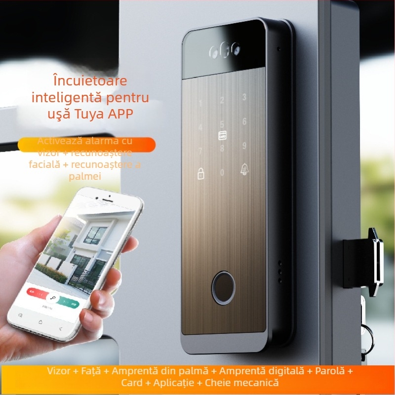 Sistem de blocare inteligent pentru poartă din fier cu recunoaștere facială, amprentă a palmei, amprentă digitală, parolă și deblocare la distanță, cu vizor cat-eye; Scanare amprentă 0,1 s, 100 de amprente stocate, peste 100000 de deblocări, -20°C până la 