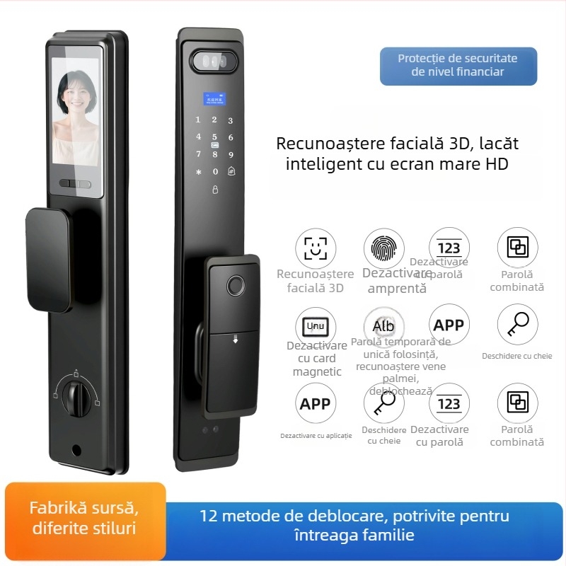 Încuietoare inteligentă pentru ușă, impermeabilă, cu recunoaștere prin amprentă, venele palmei și fața (stocare amprente: 50; peste 100000 de deblocări; -25°C to 60°C; umiditate relativă 20-95%)