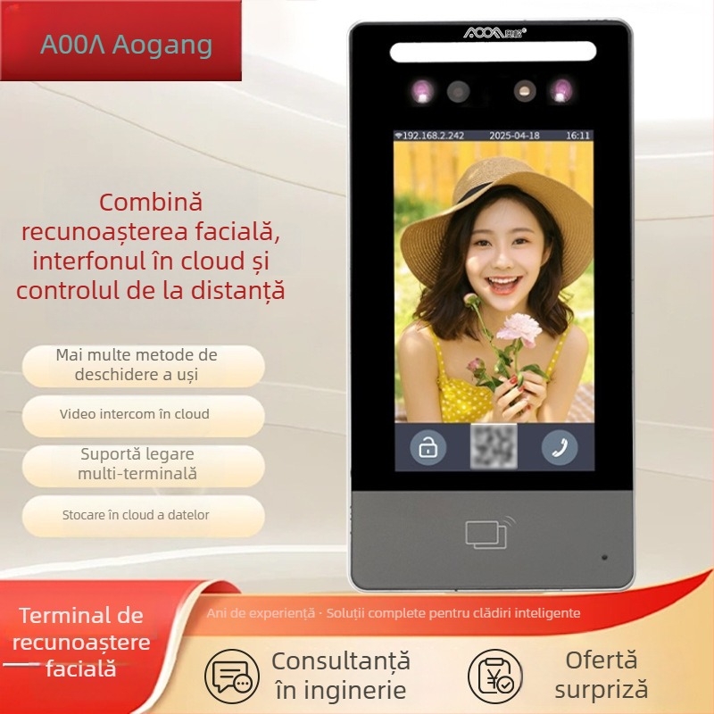 Aosong Aoof002 Sistem de control acces all-in-one cu recunoaștere facială și videointercom, stocare 50, intercom Wi‑Fi, alimentare 24V