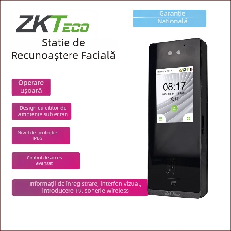 ZFACE1200 Sistem all-in-one de prezență și control al accesului cu amprentă, recunoaștere facială, cititor de card, videointercom, ecran tactil de 2.8 inchi, IP65, memorie pentru 150000 loguri, TCP/IP