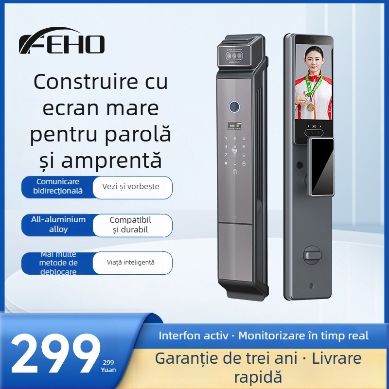 Încuietoare inteligentă cu recunoaștere facială 3D, acces prin amprentă (300 de șabloane), interfon vizual cu vizor, impermeabilă, deblocare de la distanță — model S1