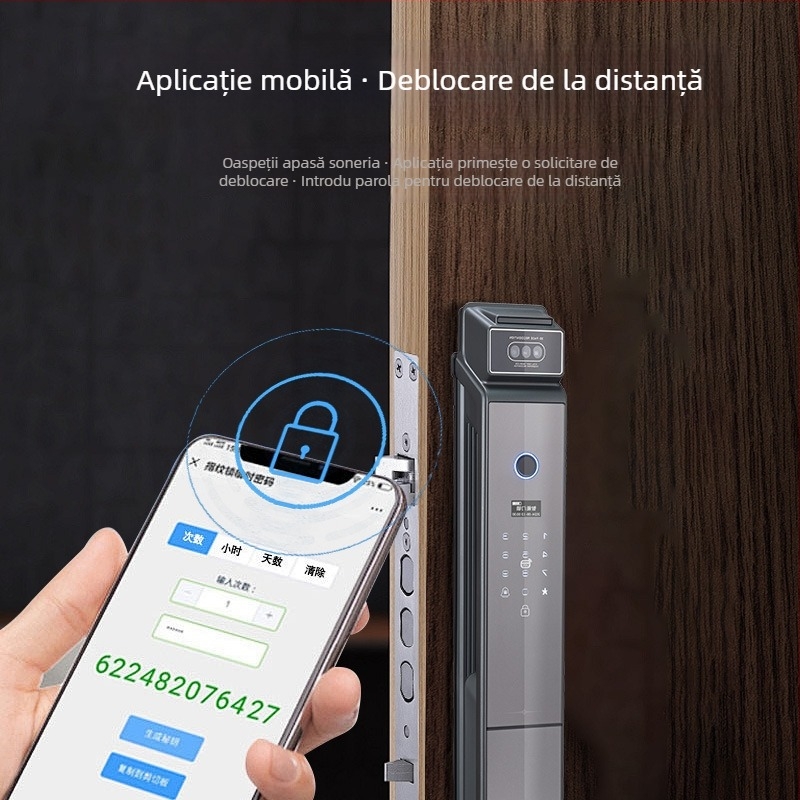 Încuietoare inteligentă cu recunoaștere facială 3D, acces prin amprentă (300 de șabloane), interfon vizual cu vizor, impermeabilă, deblocare de la distanță — model S1