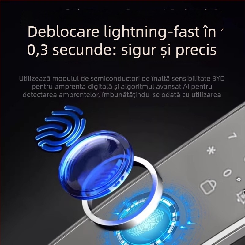 K36S Încuietoare inteligentă pentru uși cu amprentă, recunoaștere facială, videointerfon și blocare cu parolă; Capacitate amprentă: 100; Timp de scanare: <0.1 s; Rată de recunoaștere falsă: <0.01%; Temperatură de operare: -30 până la 70°C