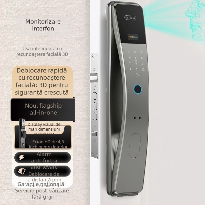 K36S Încuietoare inteligentă pentru uși cu amprentă, recunoaștere facială, videointerfon și blocare cu parolă; Capacitate amprentă: 100; Timp de scanare: <0.1 s; Rată de recunoaștere falsă: <0.01%; Temperatură de operare: -30 până la 70°C