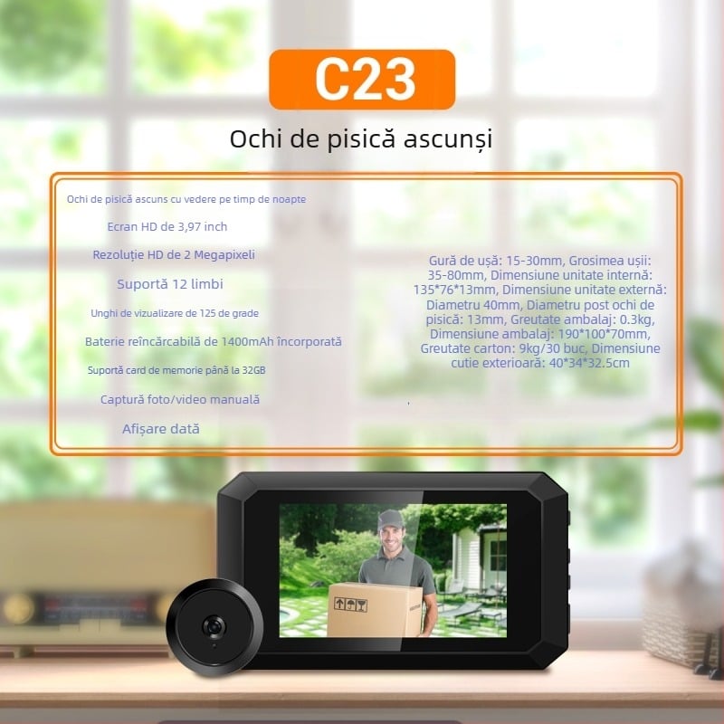 Video interfon wireless – 1080P, suport multilingv, baterie încorporată de 1400mAh, vedere nocturnă, obiectiv cu unghi larg