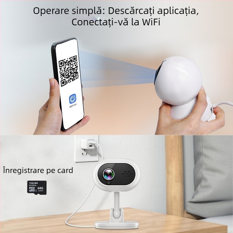 Cameră smart A4 cu viziune nocturnă, rază 10–30 m, control prin aplicație mobilă