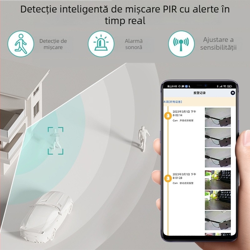 Cameră smart A4 cu viziune nocturnă, rază 10–30 m, control prin aplicație mobilă