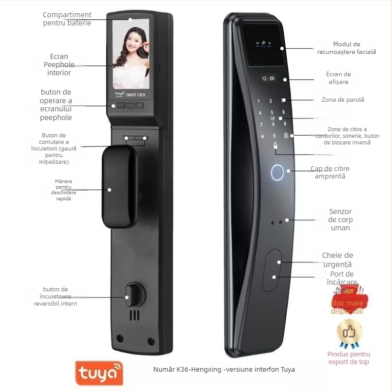 Încuietoare inteligentă pentru ușă cu recunoaștere facială și amprentă, model DF9, stocare 100 amprente, peste 1.000.000 de deblocări, timp de scanare sub 0,1 s