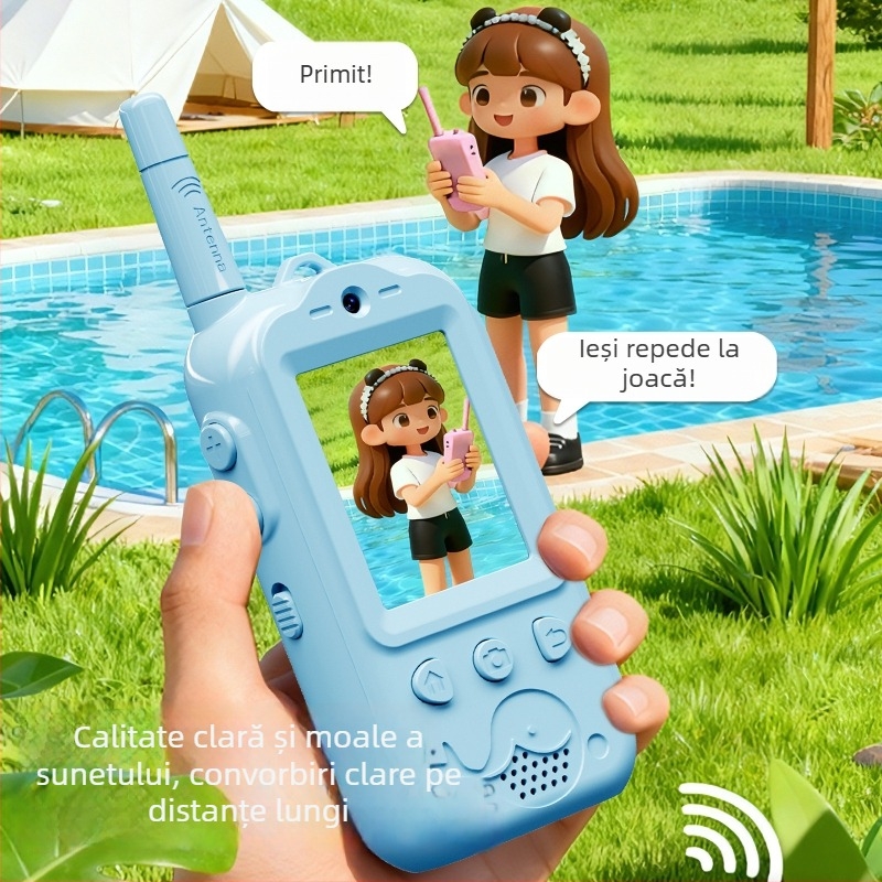Interfon video pentru copii cu ecran LCD de 2 inch, autonomie până la 1,5 km, baterie Li-Ion 1000 mAh, rețea 2G