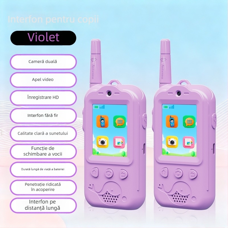 Interfon video pentru copii cu ecran LCD de 2 inch, autonomie până la 1,5 km, baterie Li-Ion 1000 mAh, rețea 2G
