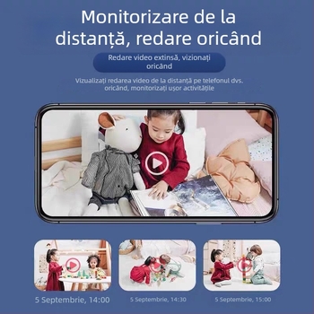 Kit de monitorizare cu claritate 1080p, viziune nocturnă, distanță focală de 3,6 mm, rază de acțiune 10–30 m și control prin aplicație mobilă (iOS).