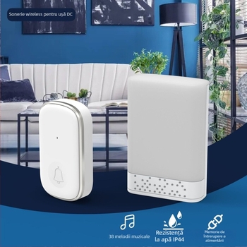 Sonerie wireless pentru ușă, model D836 1T1, alimentare DC, tensiune AA 4,5 V, melodie 38