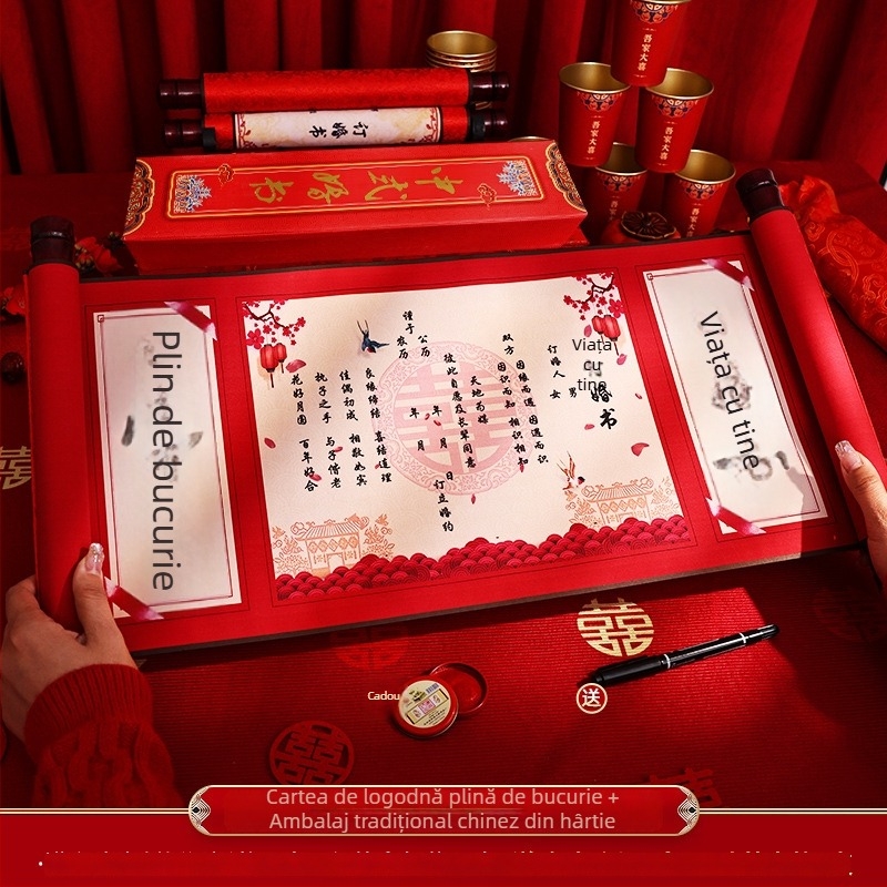 Set decorativ de rolă pentru nunți în stil chinezesc – decor pentru logodnă și nuntă, ambalaj în cutie cadou, hârtie, brand Happy in red