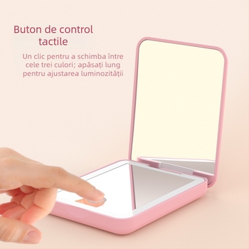 Oglindă de machiaj pliabilă cu LED, portabilă, mărire 2x, iluminare tricoloră