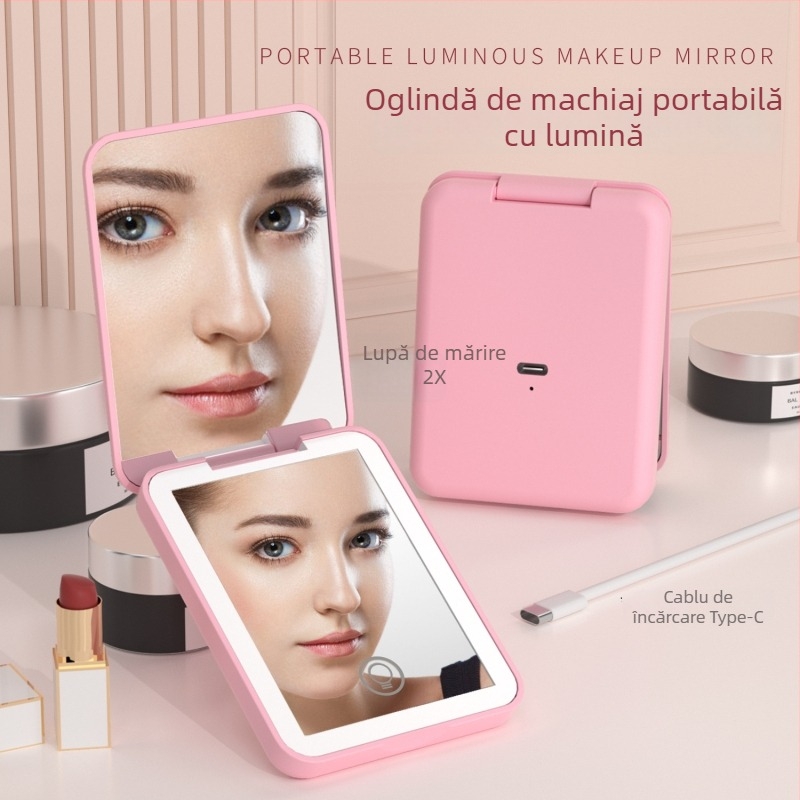 Oglindă de machiaj pliabilă cu LED, portabilă, mărire 2x, iluminare tricoloră