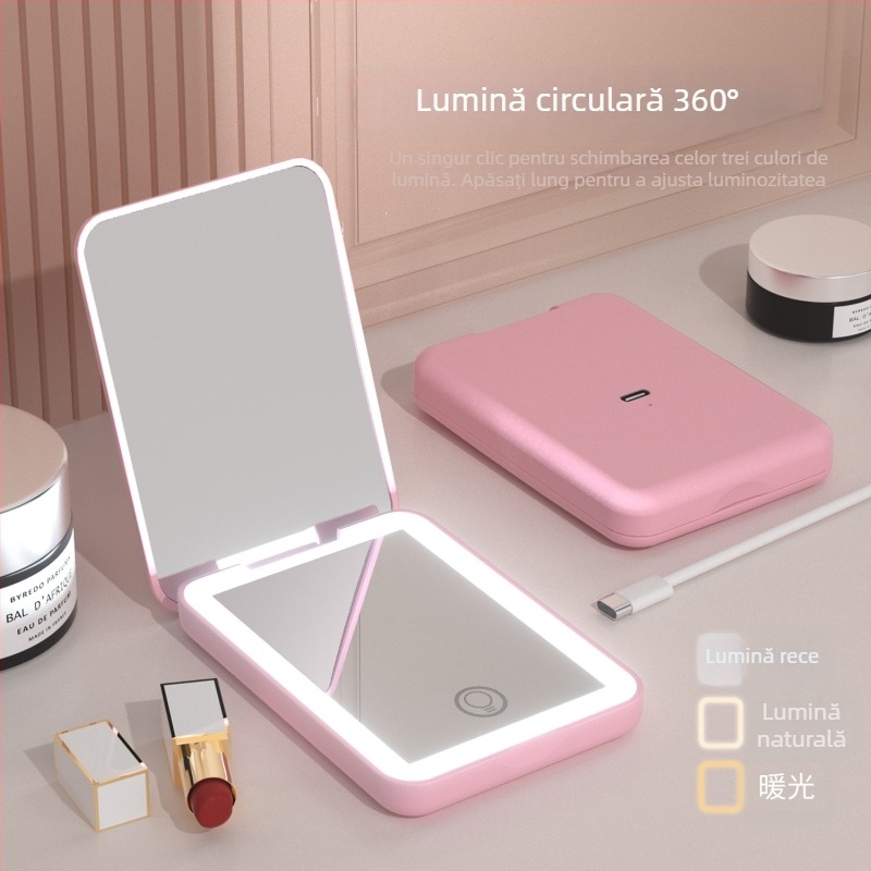 Oglindă de machiaj pliabilă cu LED, portabilă, mărire 2x, iluminare tricoloră