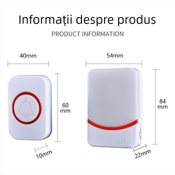 Sonerie wireless cu telecomandă Kangfute CMF-1188 — Alimentare: Transmițător CR2032; Receptor: 3 baterii tip 7 — Potrivit pentru interior, exterior și grădină