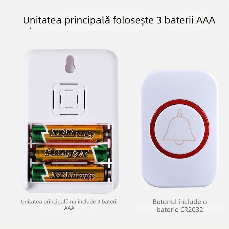 Sonerie wireless cu telecomandă Kangfute CMF-1188 — Alimentare: Transmițător CR2032; Receptor: 3 baterii tip 7 — Potrivit pentru interior, exterior și grădină