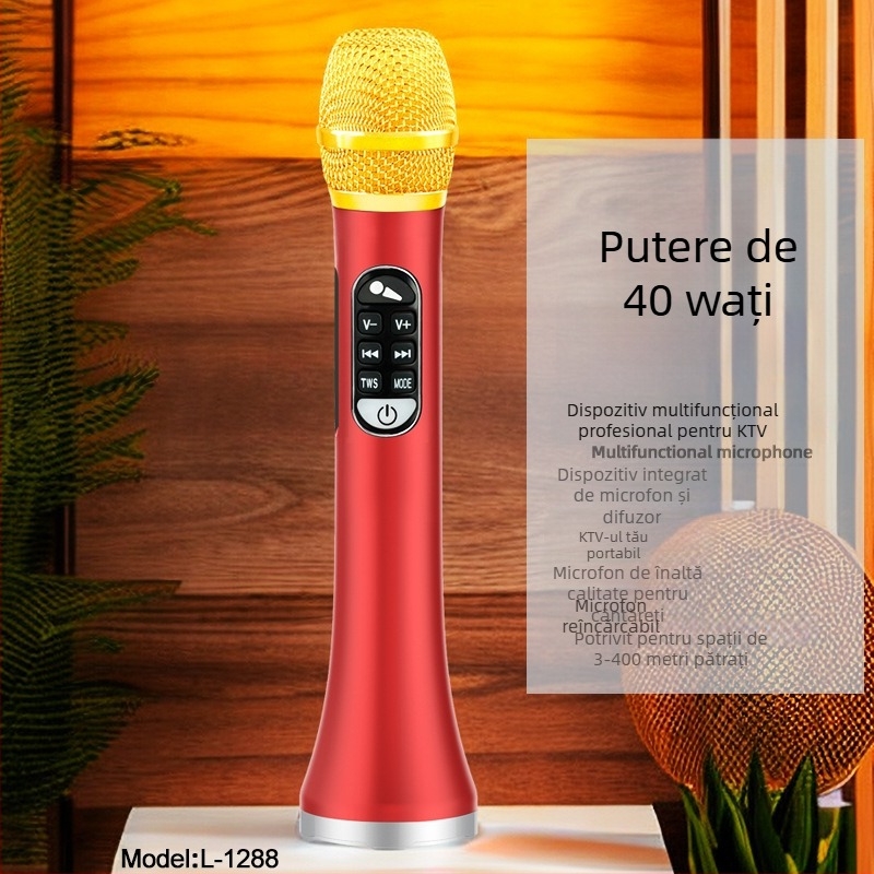 Microfon karaoke cu placă de sunet încorporată și difuzor Bluetooth, baterie 4000–6000 mAh, Bluetooth 5.3, răspuns în frecvență 100 Hz–20 kHz, putere de ieșire 40 W, pentru karaoke acasă și pe telefon